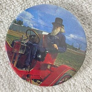 5/$35 Vintage Farmer In Overalls & Top Hat In A Wagon w Textbook Button Badge